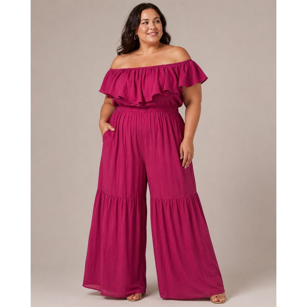NWT Rebdolls 4X "Put It To The Test" Ruffle Off Shoulder Wide Leg Jumpsuit